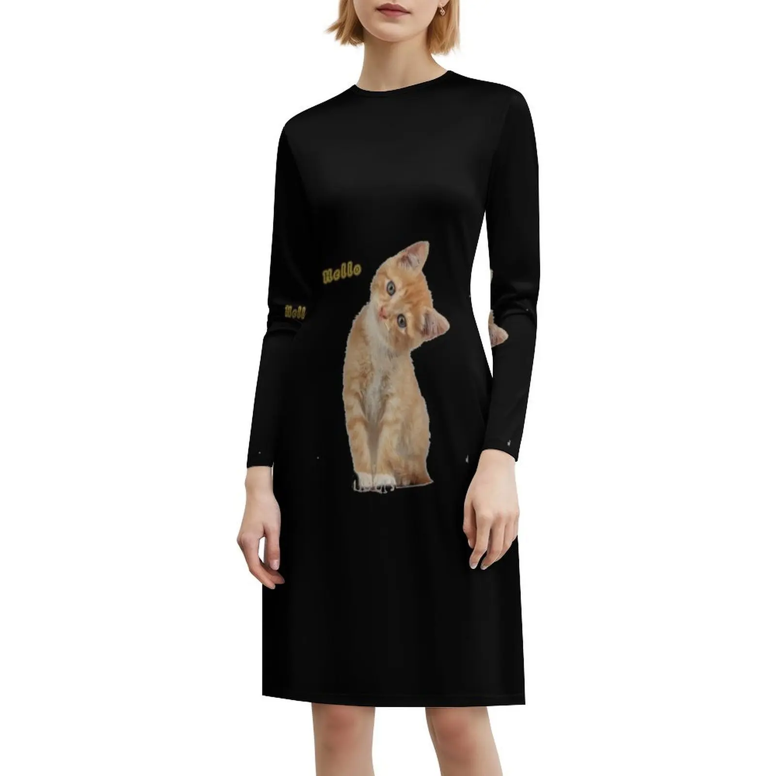 مرحباً من القط. فستان بوهيمي عتيق بأكمام منتفخة أو خيارات بدون أكمام للنساء فستان قطط لطيف قطط حيوان كيتي مضحك