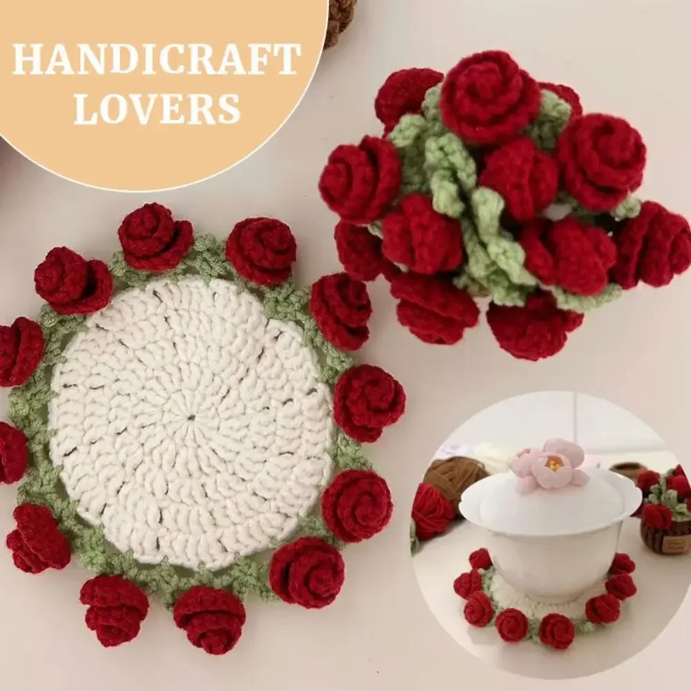 Mini Rose Bouquet Coaster Hand Knitted Rose Bouquet Placemat Crochet Flower Pot Creative Mother's Day Gift Crochet Flower Cupmat