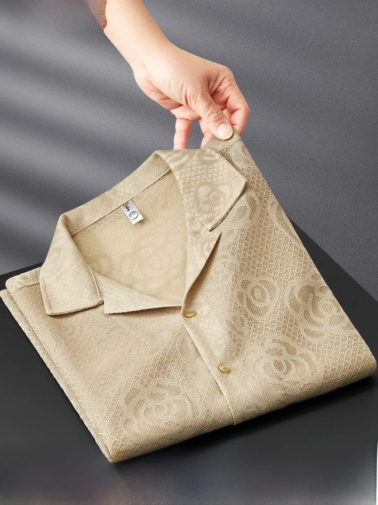 

Ele Summer Lace Hollow Breathable Ice Silk Men's ort Sve irt Cuban Collar Faionable Casual Sle Polyester ...