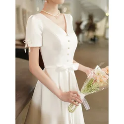 French Satin Evening Dress Sexy V-neck Pearl White Wedding Dresses Temperament Short Sleeved Tea Length A-Line Formal Vestido