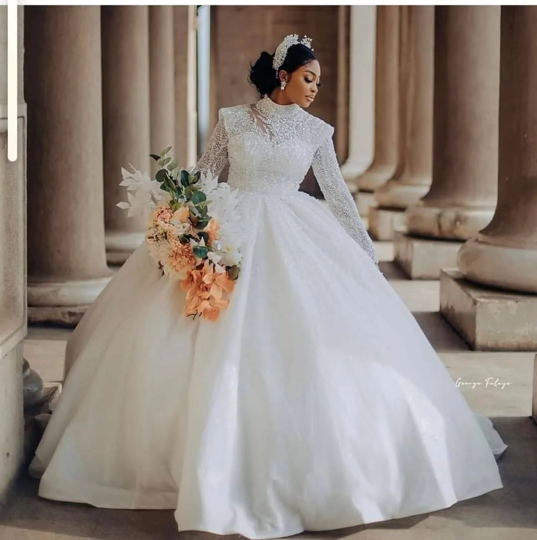 

Long Sleeve свадебное платье Sweetheart Neck vestidos para mujer Pearls Princess Ball Gown Wedding Dress