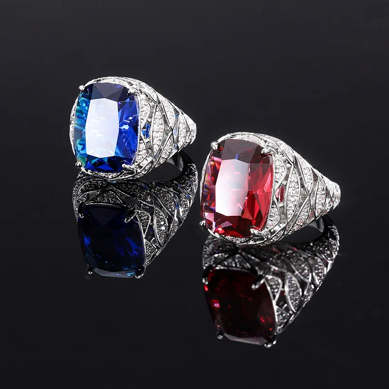 Jewelry Luxury Ruby Sapphire Hollow Geometric Textured Diamond Ladies Ring Main Stone 12*16