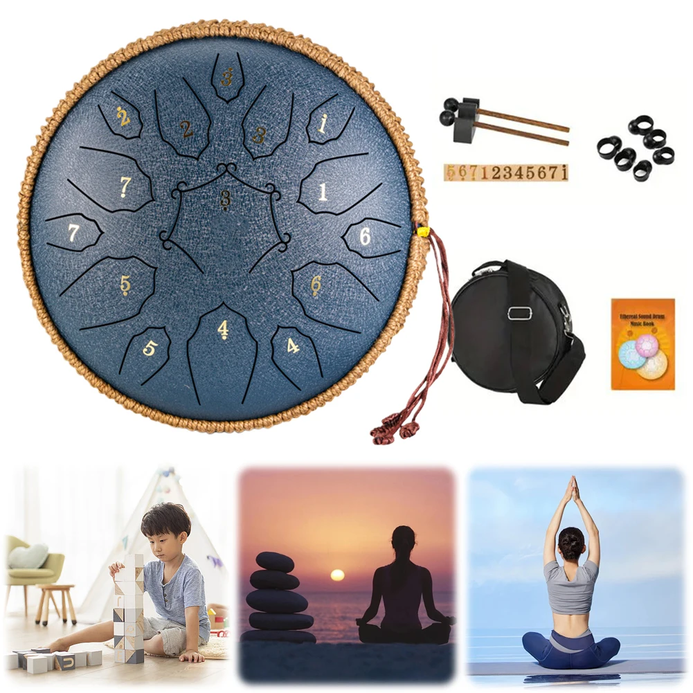 12 Zoll 15 Noten Stahlzunge Musiktrommel mit Handtasche Drumsticks Trommel Yoga Meditation Klangheilung Kind Anfänger Handtrommel