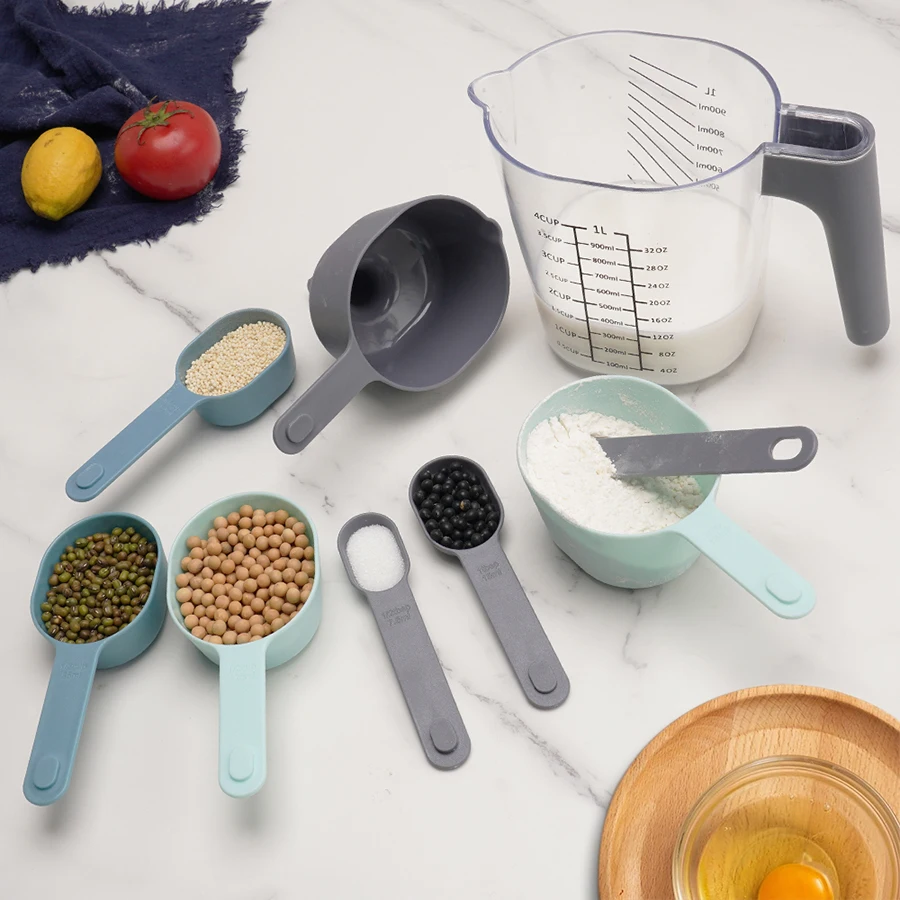 9PCS multicolor plastic pp measuring cup, nested stackable measuring cup spoon with funnel and scraper, kitchen baking set.