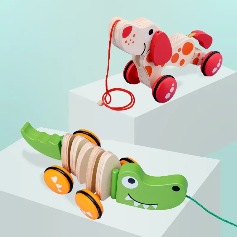 Fun Croc Or Dog Toddler Wooden Pull Along Toy Baby Dragging Kids Puppy Baby Learn Walk Toy Tractors Gift For Toddlers New