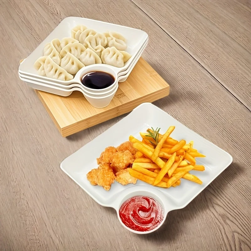4-Piece Divided Snack Plate Set, Plastic Divided Dumpling Plates | Sushi Plates/Chip Dipping Plates with Sauce Compartments