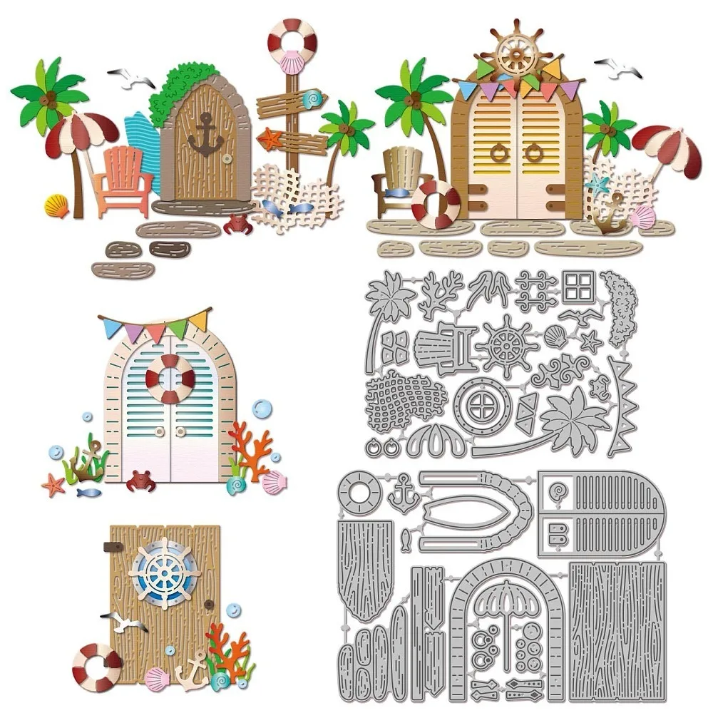 1set Ocean Door Theme Carbon Steel Cutting Stencils Decorative Embossing Paper Card Anchor Helm 131~158x90~110x0.8mm 2pcs/set
