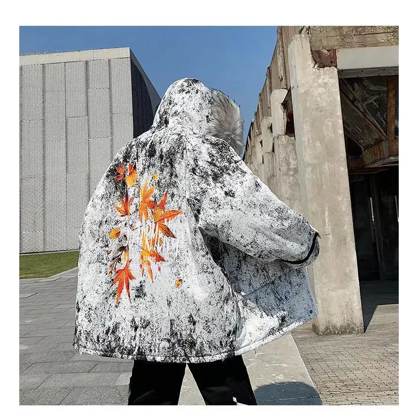 

Мужская хлопковая куртка Thiened большого размера с меховым воротником и капюшоном, свободная посадка, камуфляжная зимняя верхняя одежда с кленовым дизайном Le