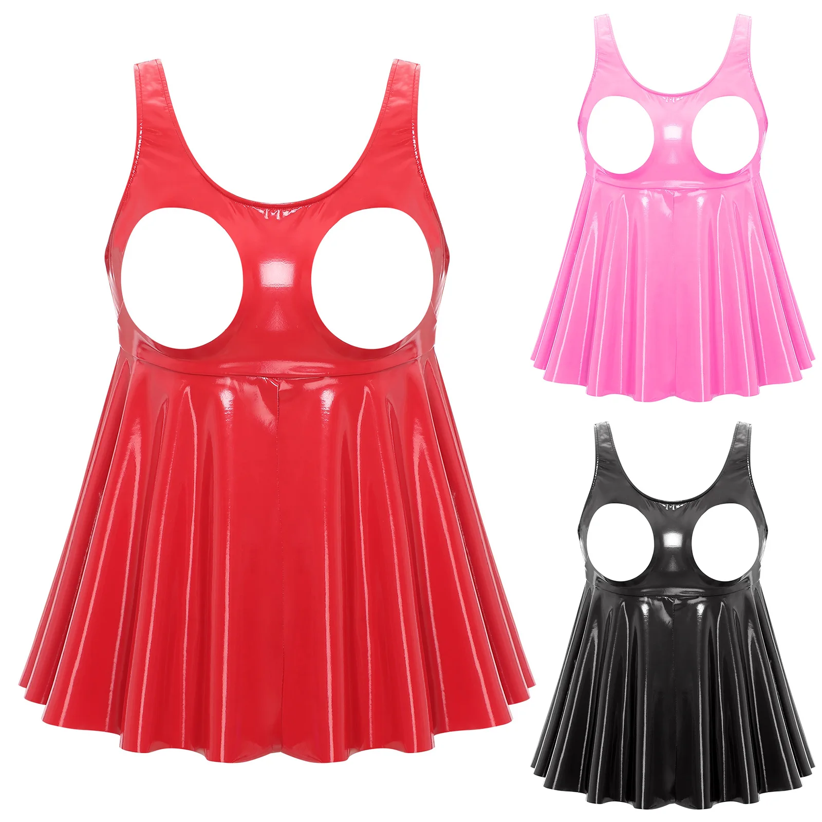 Lingerie Patent Leather Sexy Tops Women Sleeveless Shiny Breast Hollow Out Flare Vest Tops for Erotic Tempting Nightwear Pajamas