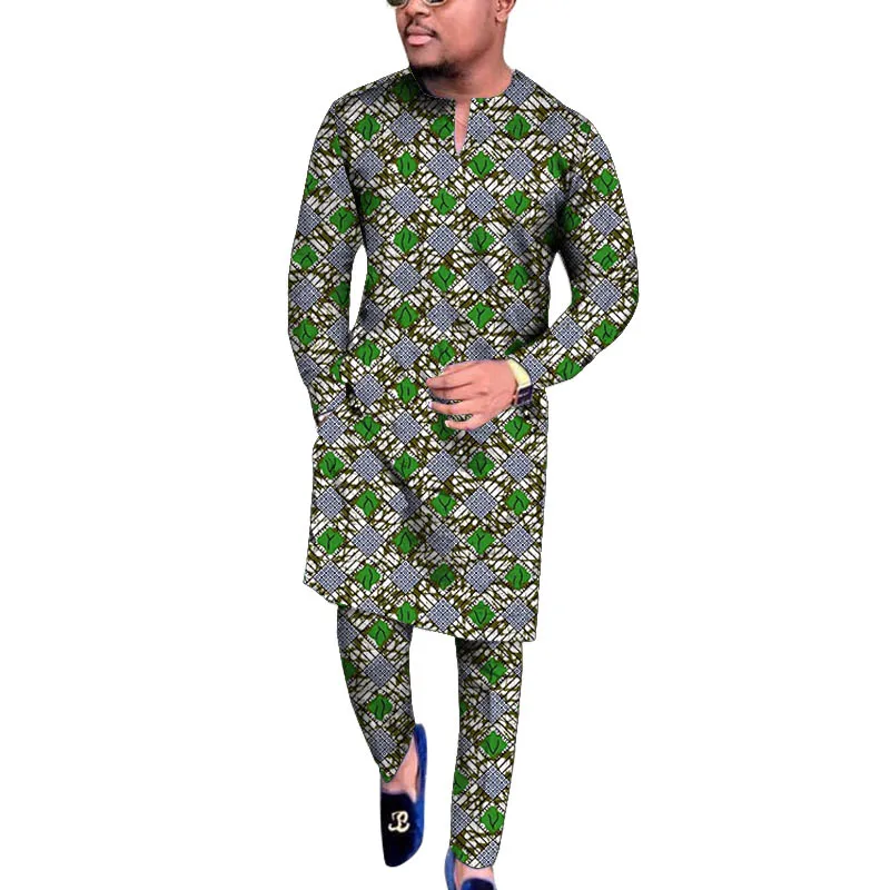 V넥 디자인 상의 패치 허리 바지 남성용 세트, 아프리카 프린트, 맞춤형 나이지리아 패션, 파티 의상