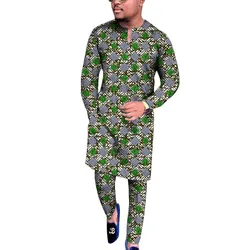 Conjunto estampado africano masculino sob medida, tops em gola v, calças com cintura remendo, roupas de festa, moda nigeriana