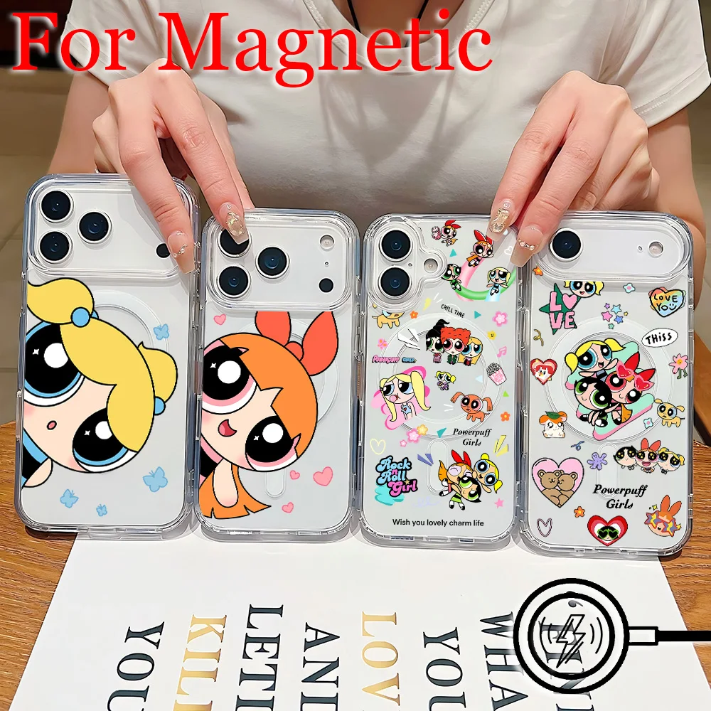 Cute Magnetic Phone Case for P-Powerpuffs Girls Samsung Galaxy S26 S25 S24 S23 S22 S21 S20 FE Edge Plus Ultra 5G Soft Clear