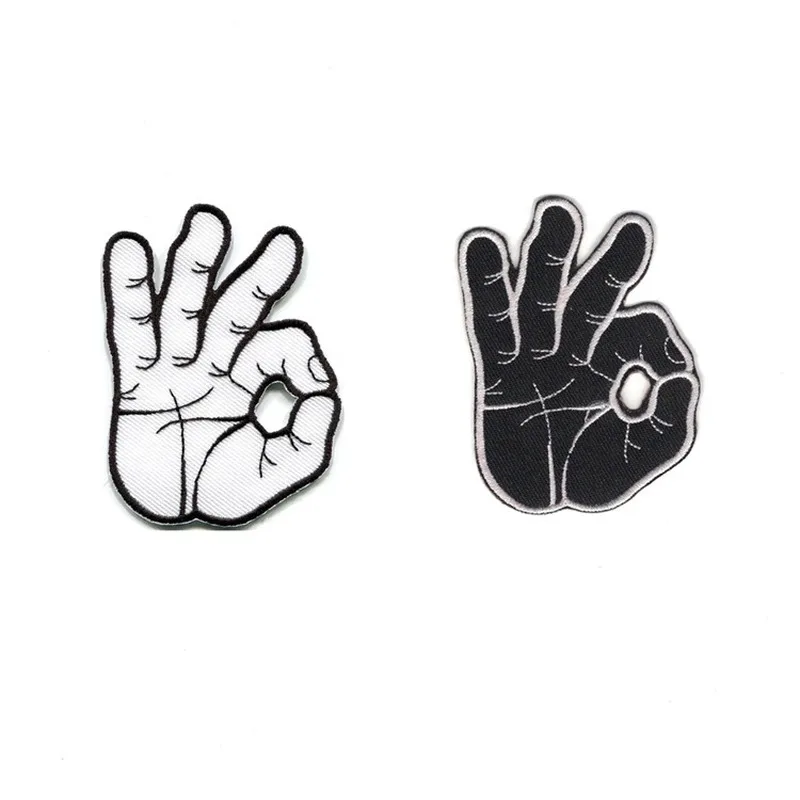 20pcs/lot Embroidery Patch Black White Gesture Finger OK Backpack Clothing Decoration Accessory Iron Heat Transfer Applique