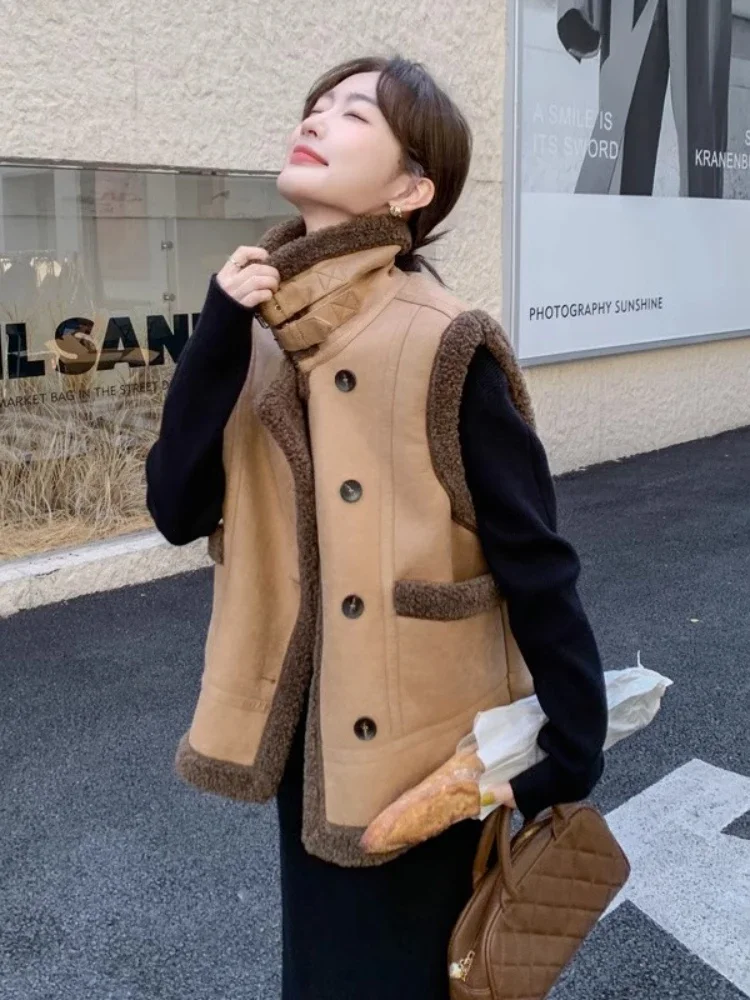 Maillard Brown Fur One Lambswool Vest Coat Women's Winter New Short Fashionable Elegant Thickened Coat Cotton Coat  Vests