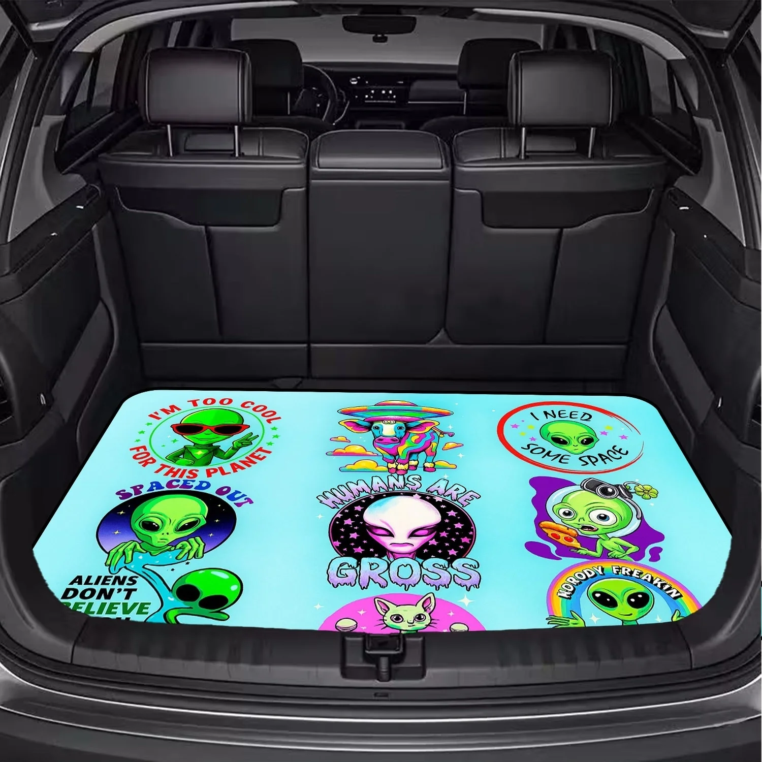 Car Trunk Mat, Cute Cartoon Alien Slogan Light Blue Background Print Cargo Liner, Non-Slip Rear Trunk Protector, Women Car decor, Car Accessories, Interior Decoration Mat, Universal Fit For SUV Sedan Truck,