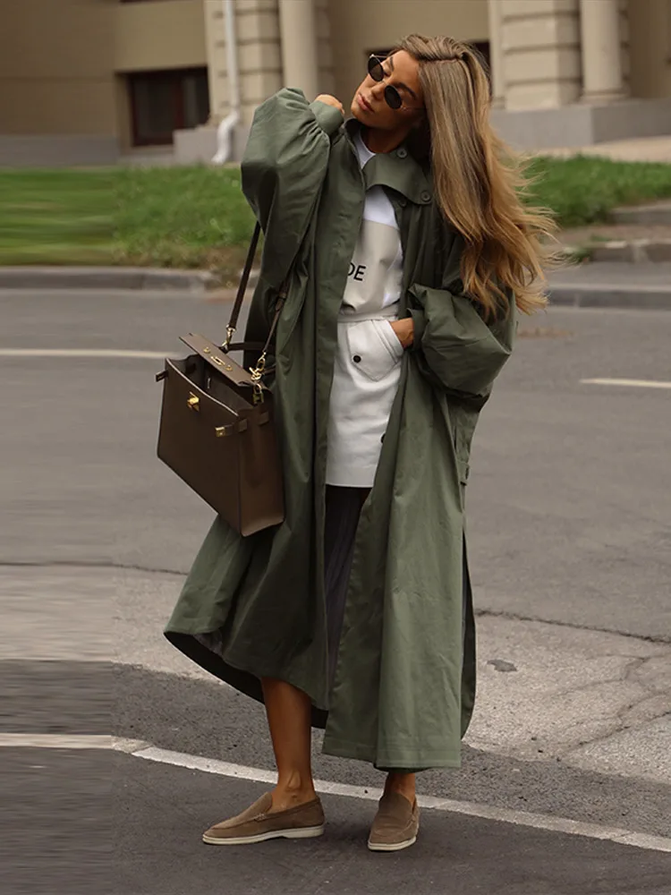 Elegant Balloon Sleeve Women's Windbreaker Single-Breasted Side Split Lady Long Coats 2026 Autumn Chic Female Outerwear New