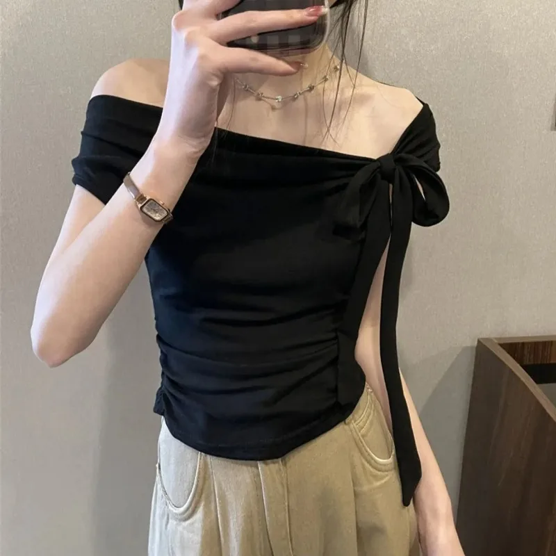 Off Shoulder Women's T-shirts Sweet Bow Tie Ropa mujer Summer Roupas Feminina Slash Neck Women T Shirts Spicy Girl Clothes