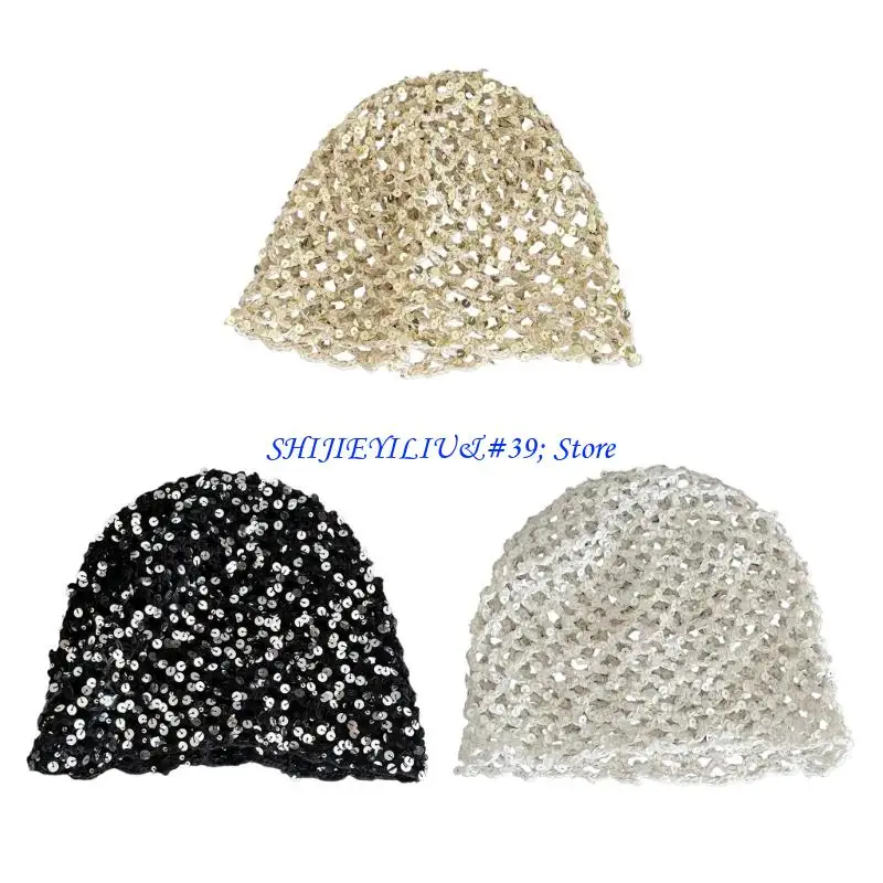 

E21F Glitters Pullover Hat Adjustable Sparkling Sequins Design Hollowout Slouch Hat