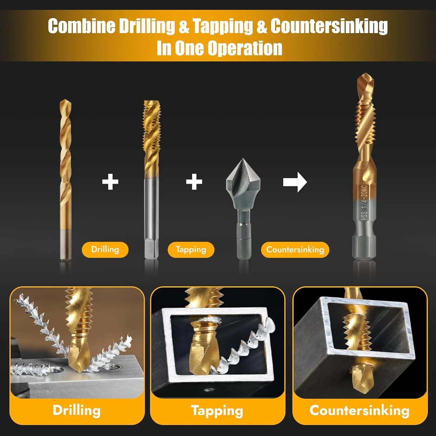 6pc High Speed Steel M3-M10 Titanium Plated Composite Tap Hexagonal Drill and Tap Integrated Tap Machine with Hole Chamfer Tool image 3