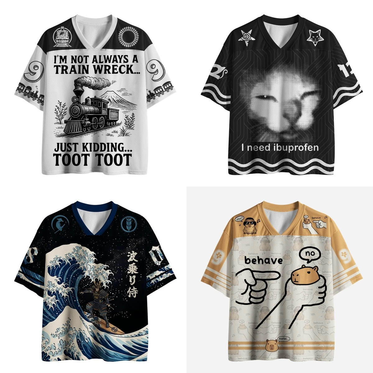 2026 Unisex Funny Meme Mesh Jersey T Shirt, Vintage Japanese Ukiyo-e Graphic V Neck Short Sleeve Oversized Festival Streetwear