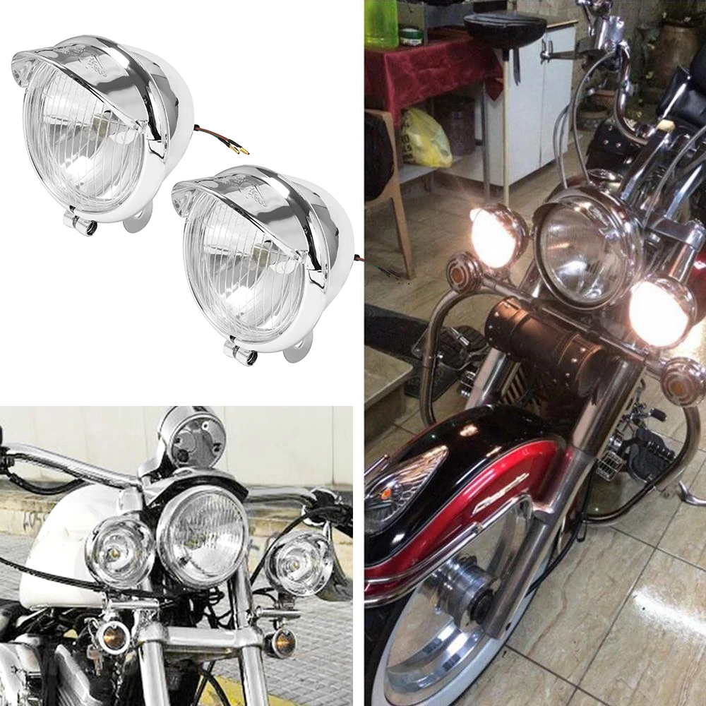 Uniwersalne lampy przeciwmgielne motocyklowe Chrome, reflektor przedni, światła drogowe i mijania, lampy punktowe DC12V do Harley Touring Bobber Chopper Custom