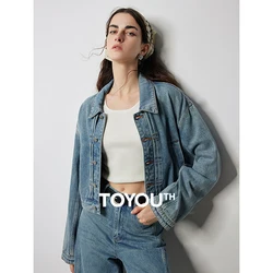 TOYOUTH Women Denim Jacket 2024 Autumn New Turn-down Collar Single-breasted Button Streetwear Lady Short Jacket Coat