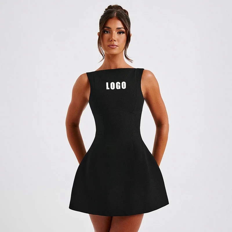 Custom LOGO2024 summer new women\'s clothing round neck sleeveless backless high-waisted double-layer dress