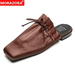 MORAZORA 2024 New Real Leather Women Mules Slip On Square Toe Handmade Retro Ladies Flat Slippers Summer Casual Street Shoes