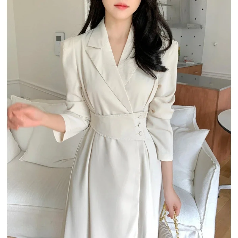 2026 nuevo vestido de mujer coreano Chic elegante cuello abatible cruzado de encaje Puff manga vestido camisero ajustado vestidos de longitud media para mujer