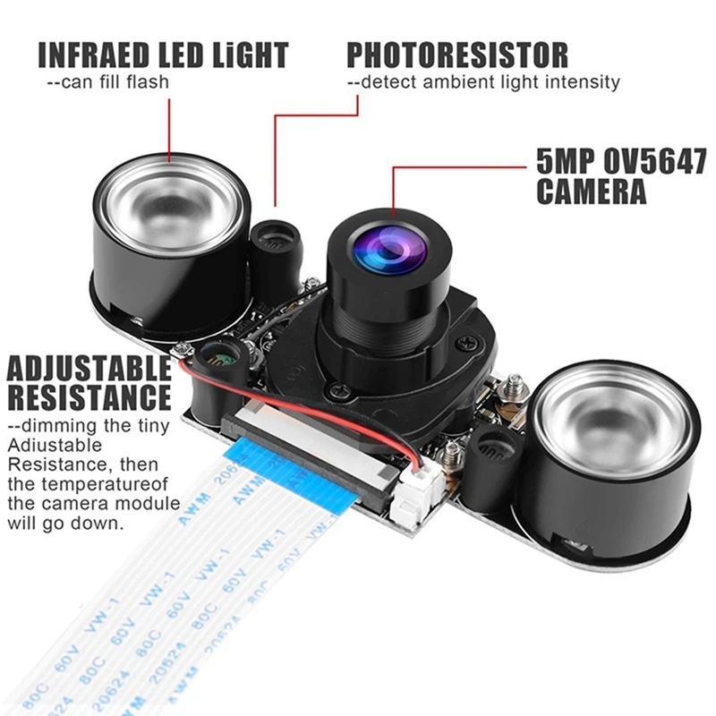For Raspberry Pi 4B Camera With Holder And Cable IR Camera Module 5MP OV5647 Webcam Automatically Switching Between Day-ABEP