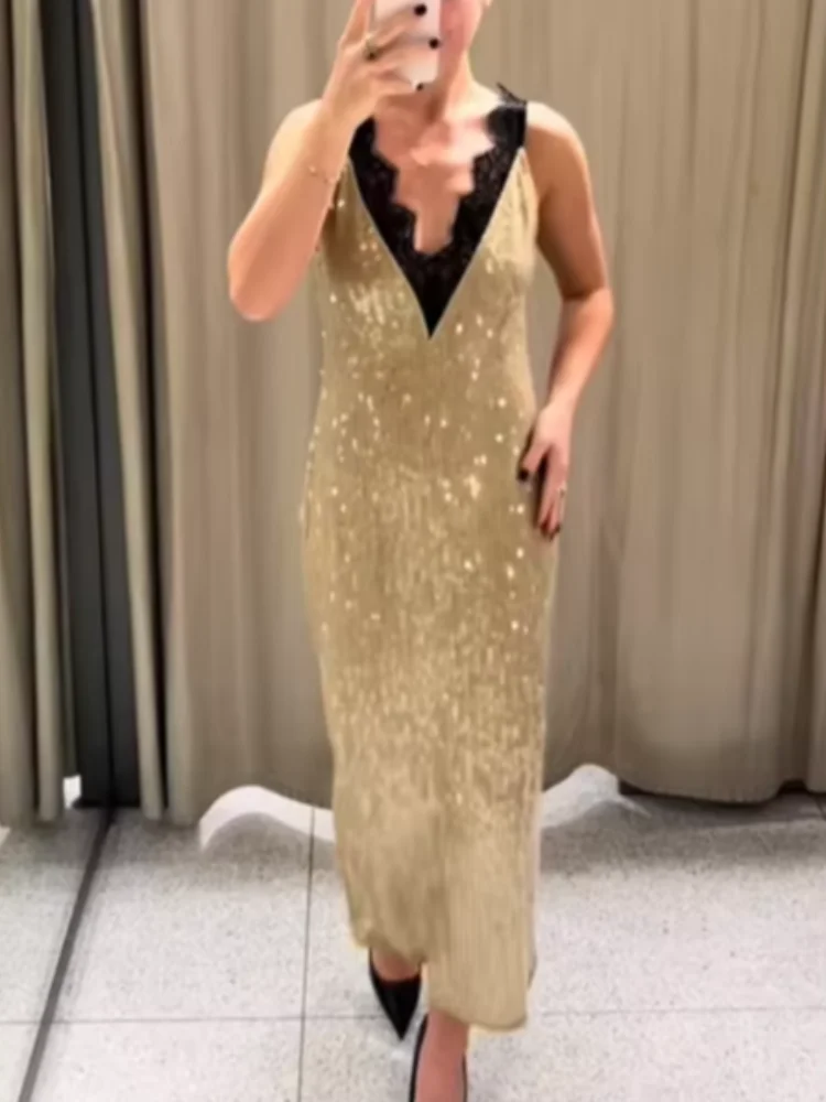 موضة الخامس الرقبة الترتر المرقعة الدانتيل فستان طويل المرأة بلا أكمام الخصر Cinched الورك المعانقة Vestidos سيدة مساء ثوب الحفلات