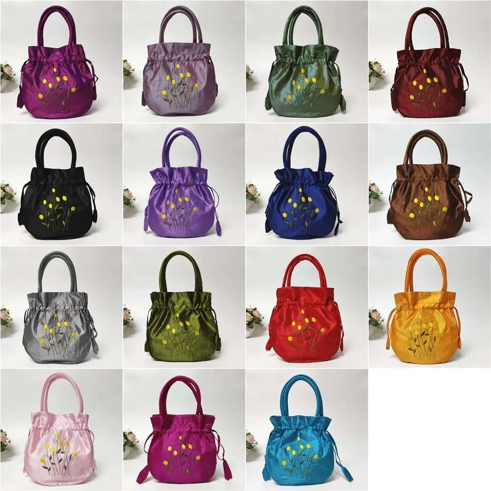 Fashion Satin Silk Hanfu Drawstrings Bag Ethnic Style Mommy Bag Floral Bucket Bag Leaf Korean Small Purse Wallet Travel