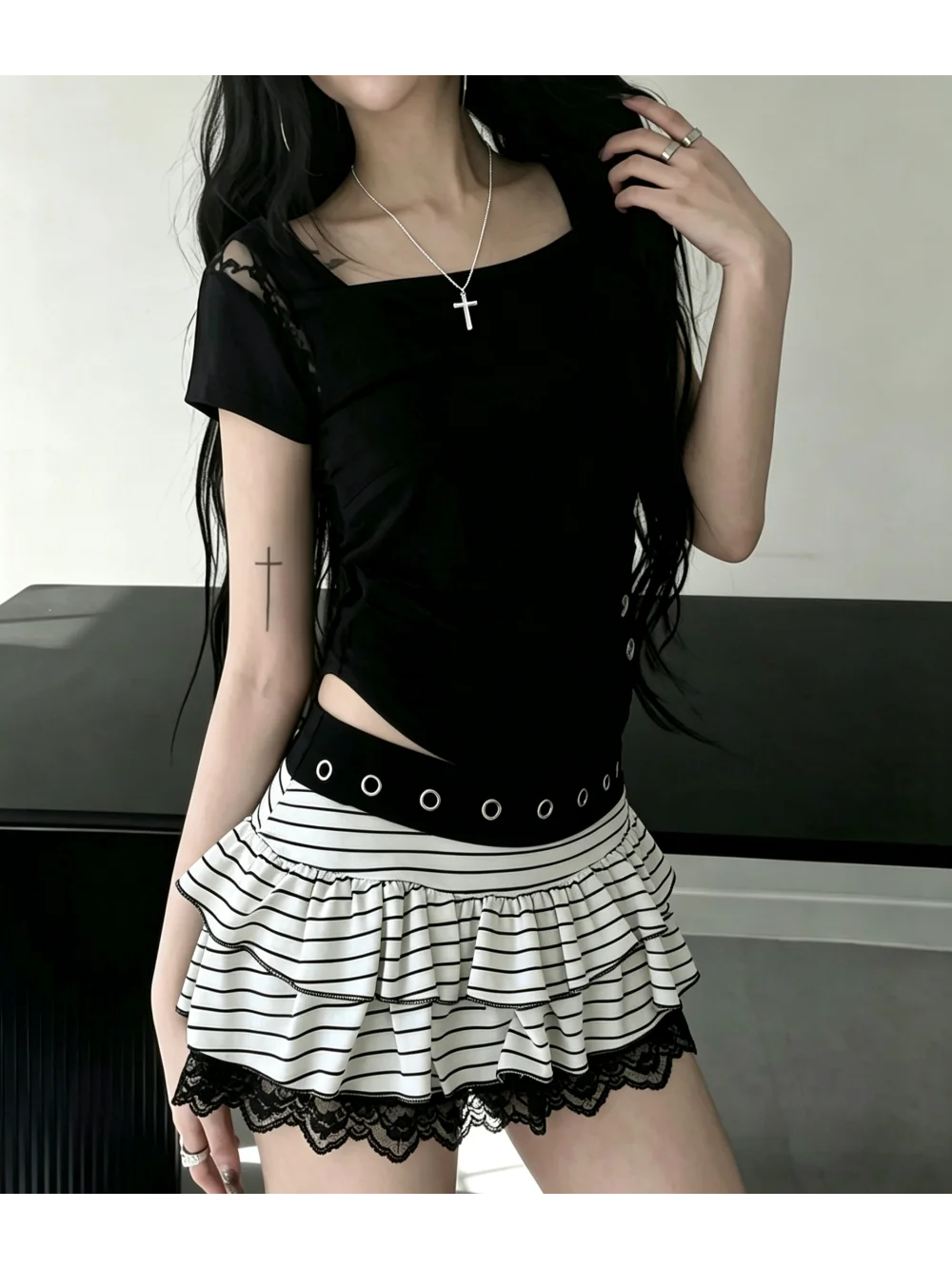 2026 New Summer Lace Striped Print Multi-Layer Ruffle Edge Spicy Girl Short Skirt Trend Sweet And Versatile Casual Vacation Date
