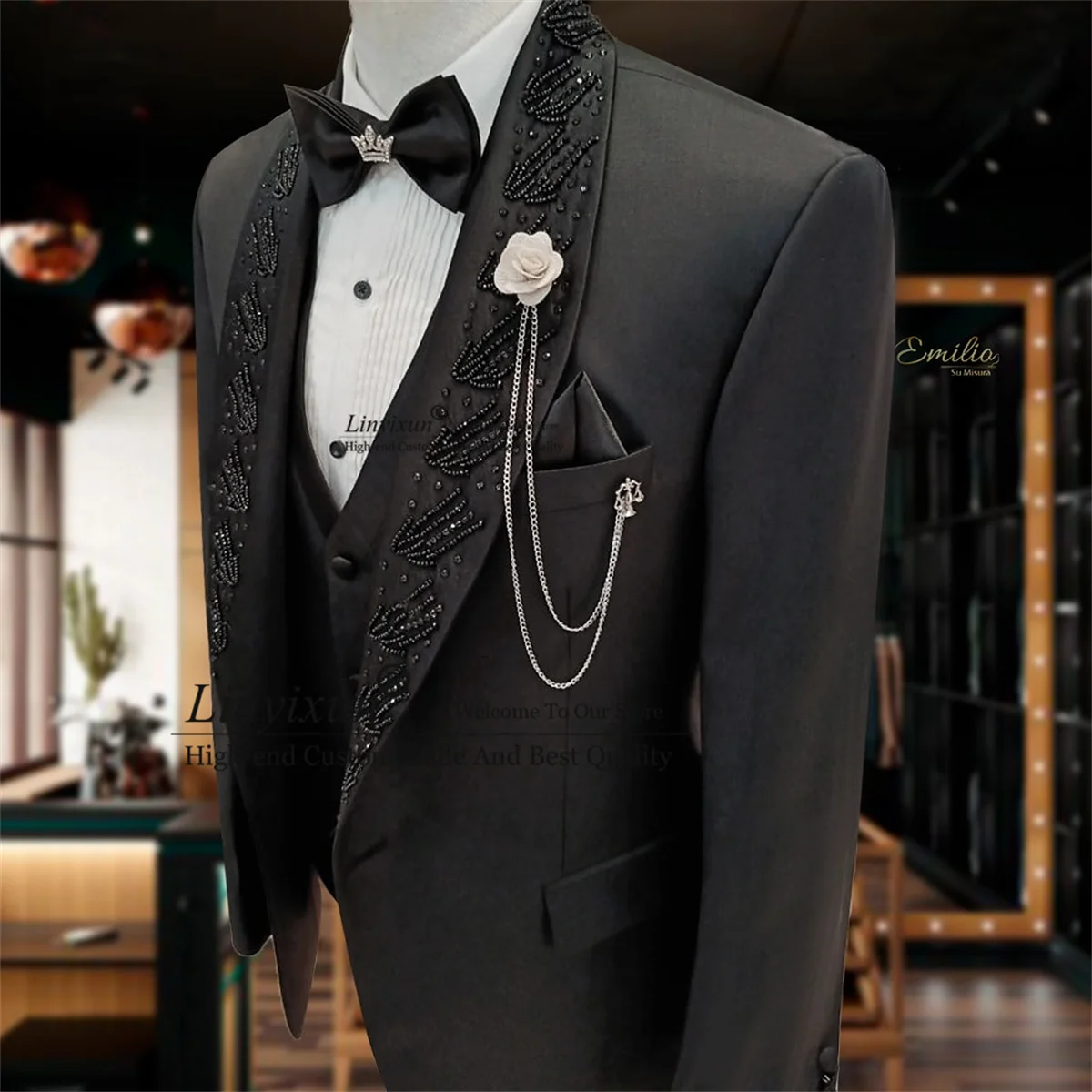 Stunning Metallic Jewelry Ornament Tuxedo Men Suit Shawl Lapel Groom Male Prom Blazer 3 Pieces Set Wedding vestidos de novia