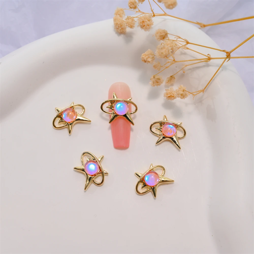 10Pcs Symphony Opal Round Bead Star Moon Nail Charms 3D Gold Alloy Glitter Diamond Nail Rhinestone DIY Manicure Supplies &*&