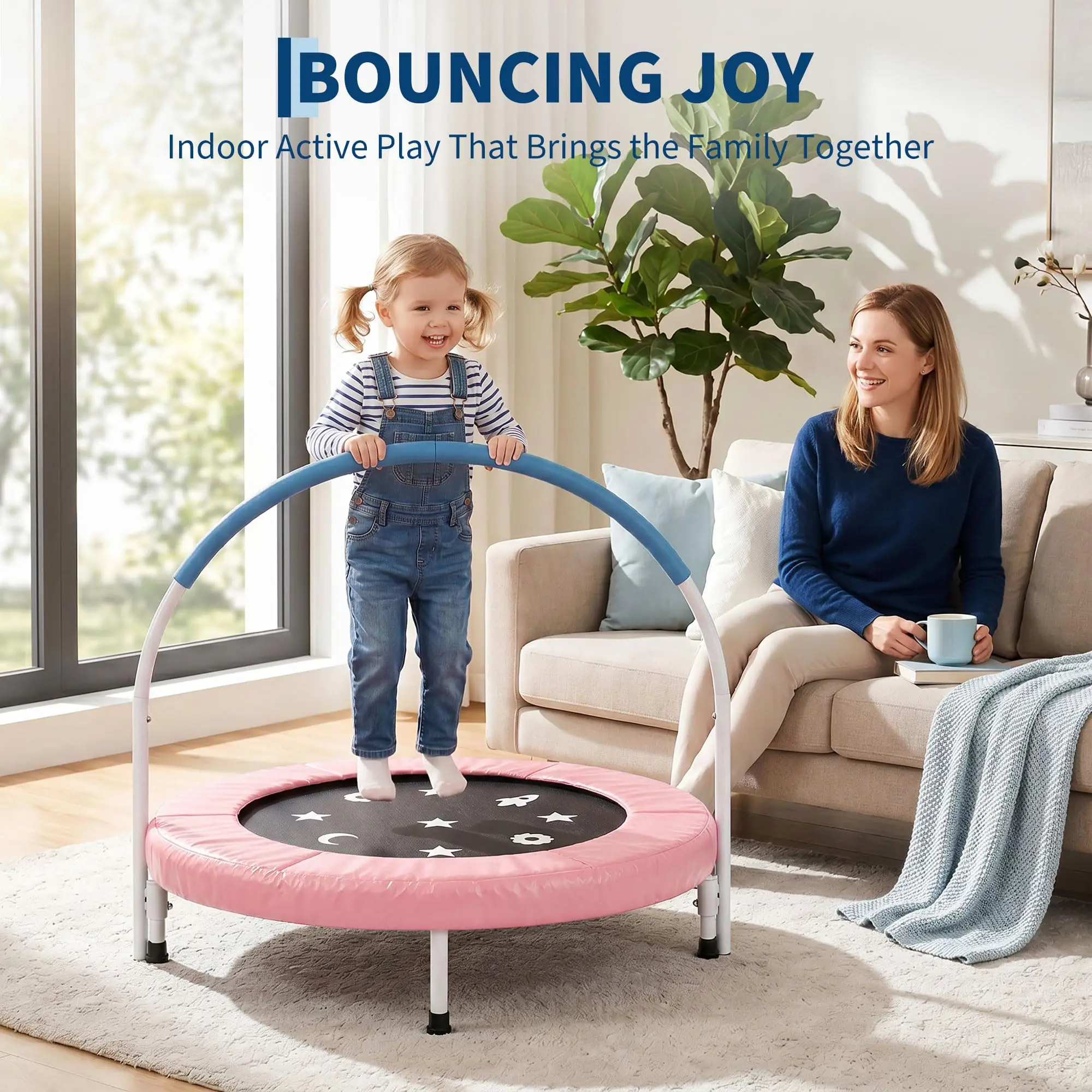 36 Inch Foldable Toddler Trampoline With Handle And Safety Pad Soft Foam Grip For Kids Ages 3 To 6 Collapsible Space Saving Design Ideal Gift For Indoor And Outdoor Use