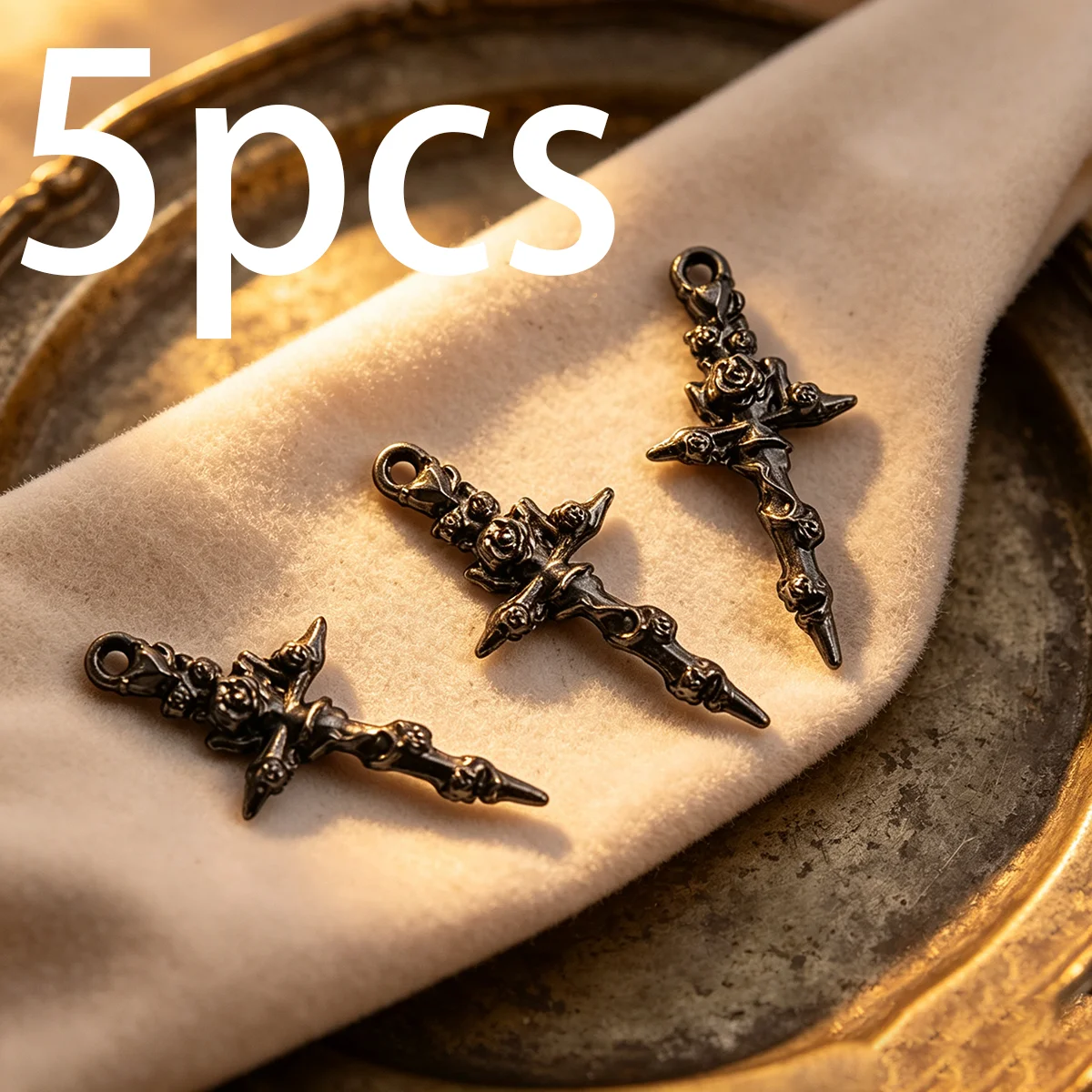 5 Pieces of Vintage Black Antique-Style Rose Long-Sword Handmade Accessories, with Three-Dimensional Embossed Floral Designs, Suitable for DIY Bracelets, Necklaces, and Earrings, and as Handmade Beaded Decorative Accessories