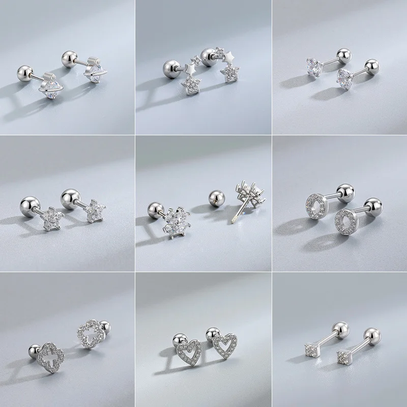 Silver Color Screw Back Helix Piercing Stud Earrings For Women Cubic Zirconia 925 Silver Needles Cartilage Earring Jewelry 2pcs