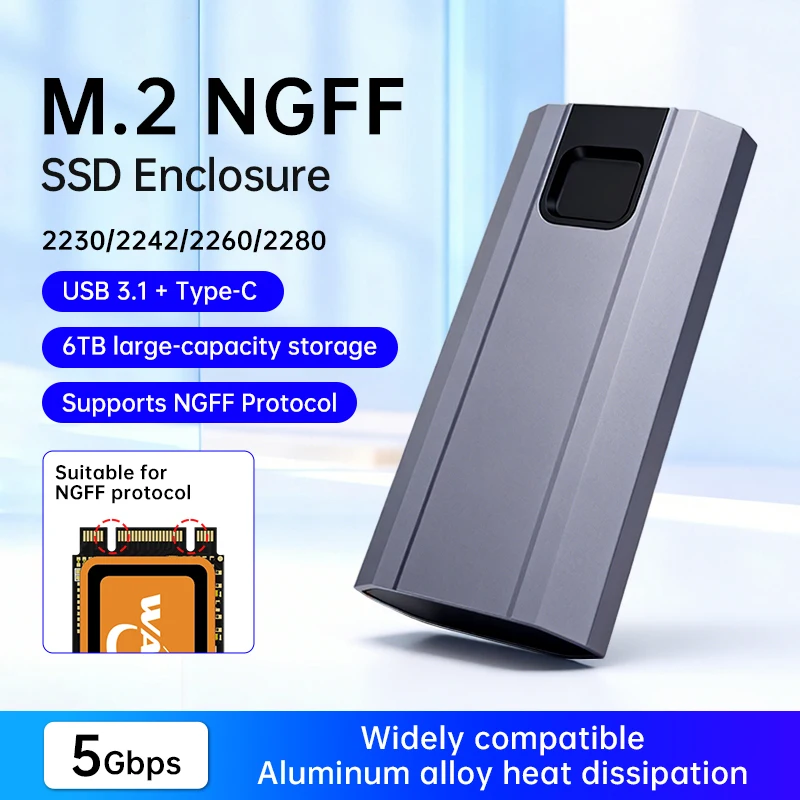 

M.2 NGFF SSD Enclosure Case 6TB 5Gbps USB 3.1 Type-C Adapter NGFF SATA SSD Case Aluminum Alloy Hard Disk External Box Tool-Free
