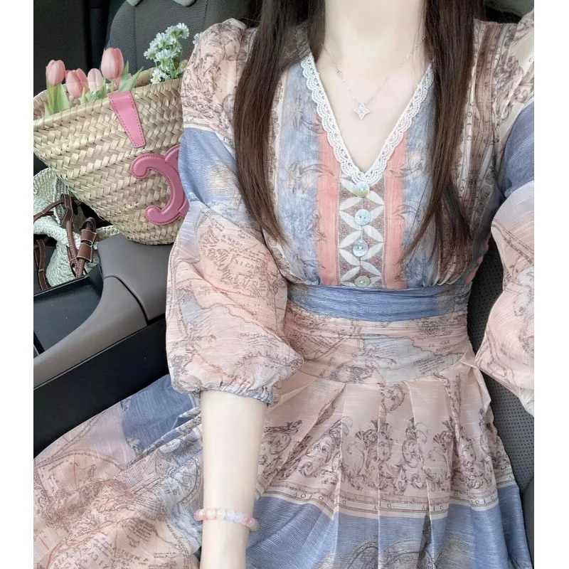 Romantique Ele ort pause thé vacances nautiques Sle Dr taille cintrée jupe Midi V Ne Polyester printemps automne Dr