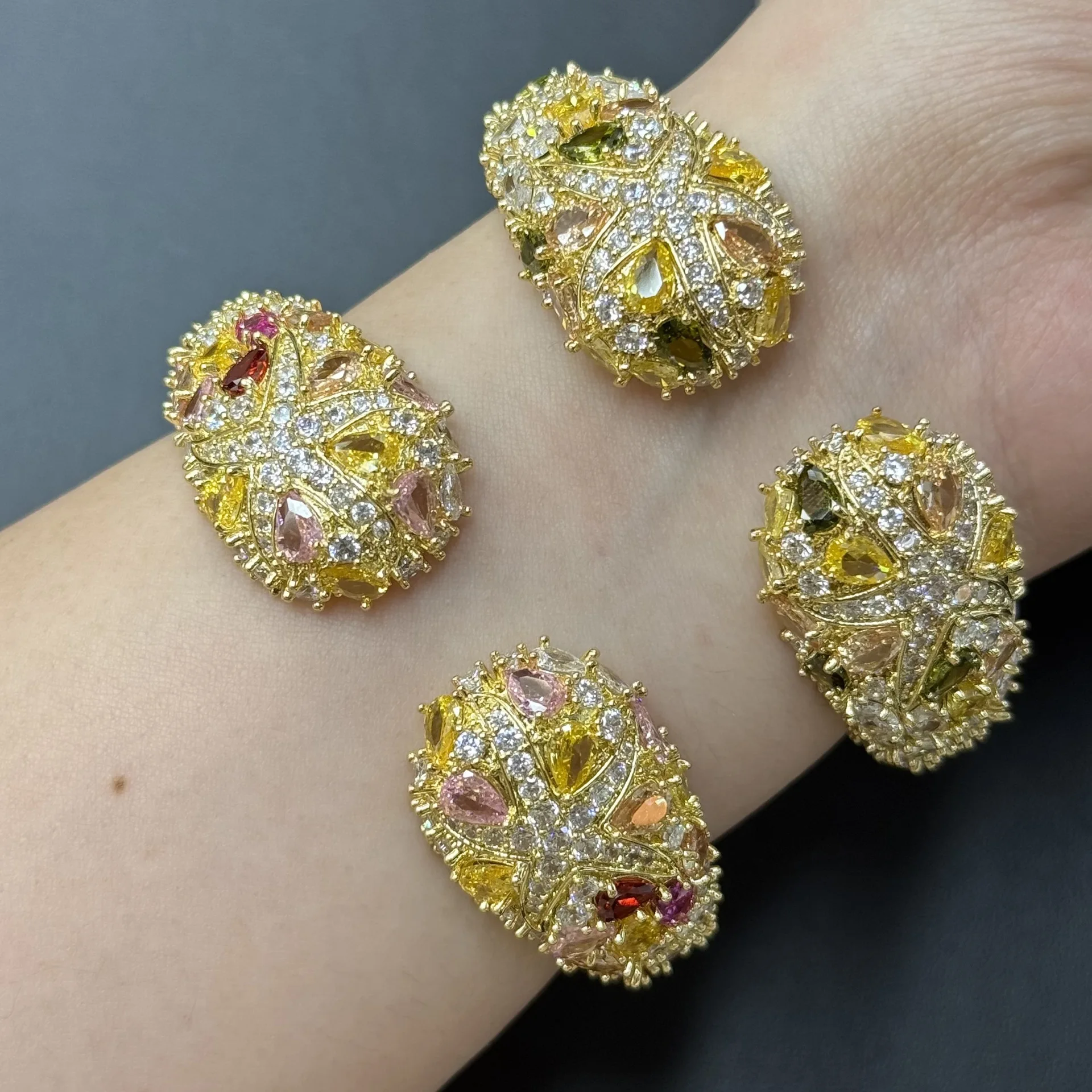 Luxury Double Head Color Zircon Open Bangle, Micro Pave Full Color Cubic Zirconia, Trendy Women Jewelry Gift