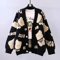 Cartoon Bear Jacquard Weave Vintage V-Neck Loose Knitted Women's Cardigan Korean Fashion Single Breasted Cardigan For Women 2024