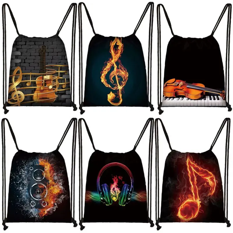 Musical Instrument Print Drawstring Bag Music Notes Backpack Guitar Violin Outdoor Storage Bag Shoes Holder Teenager School Bags