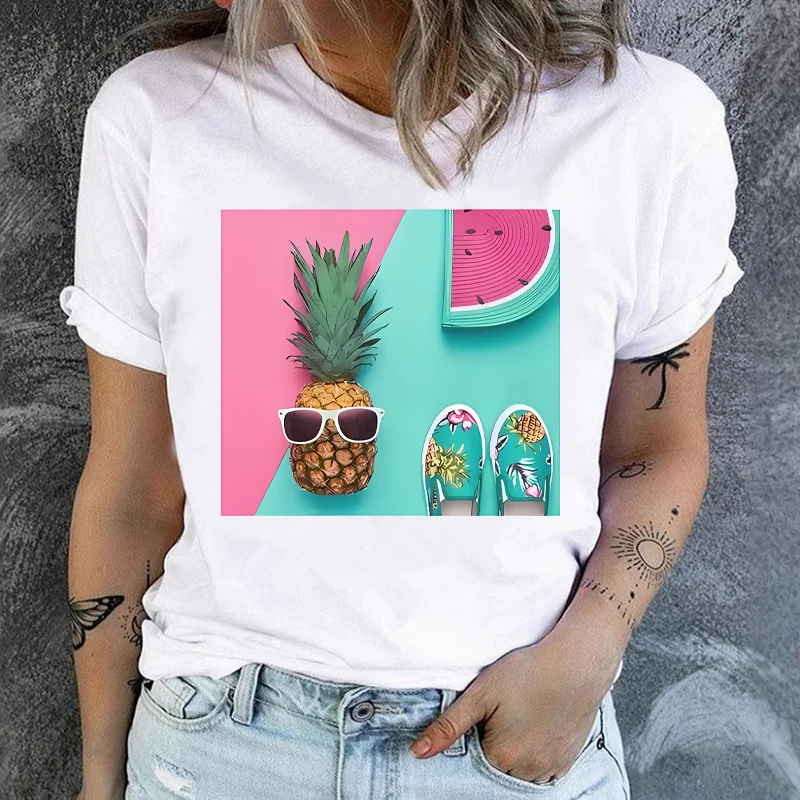 

New Color Pineapple Fruit Print Short Sleeve Women's Fashion T-shirt Graphic T Shirts Aesthetic Summer polyester fabric