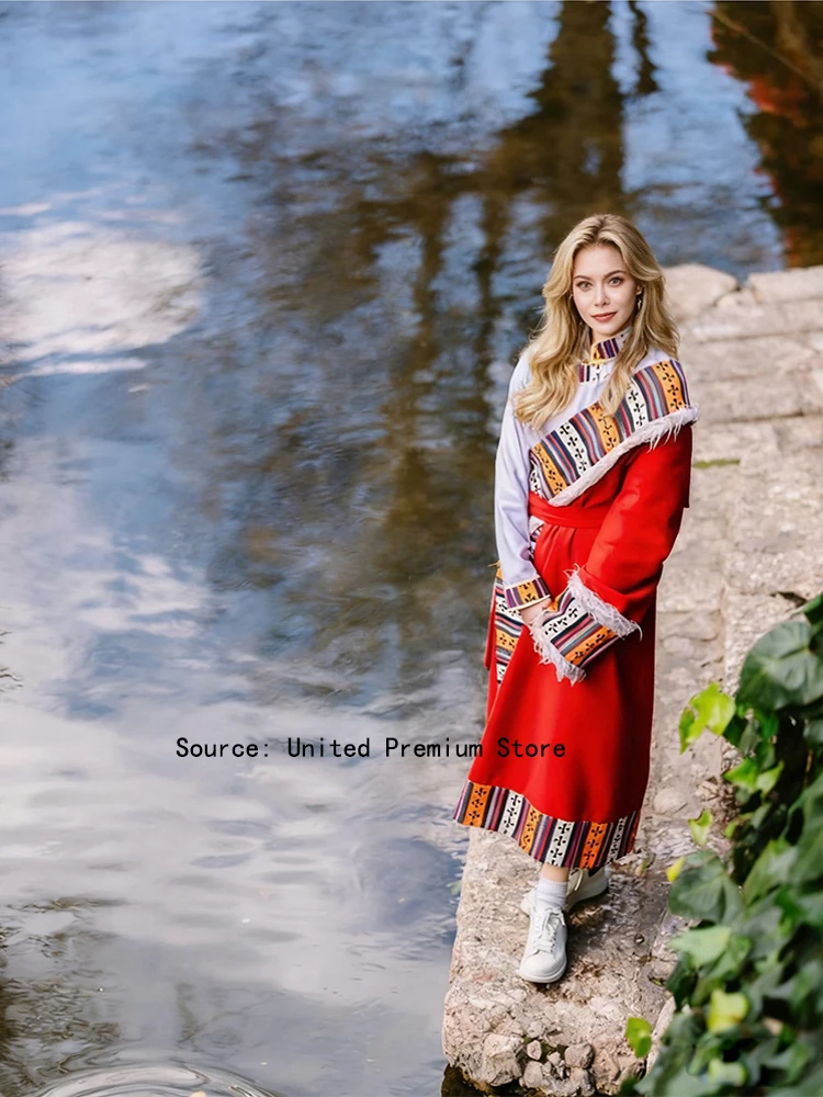 رداء مرجاني تبتي للجنسين شتاء دافئ سميك مخملي كم طويل حفلة الرقص الشعبي له #2