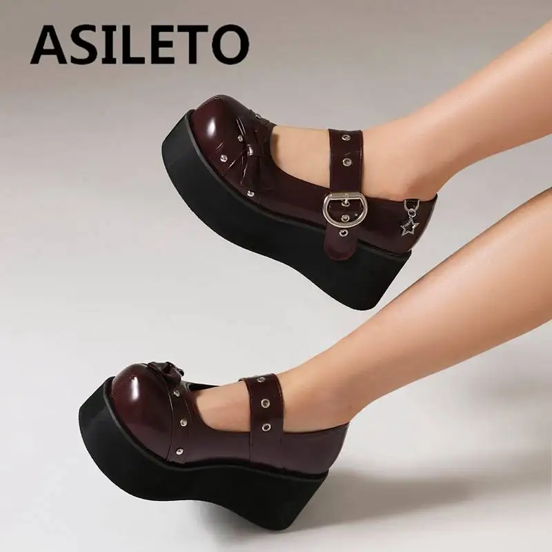 

ASILETO Ladies Shoes Brand Pumps Round Toe Wedges Heel 6cm Platform Hill 4cm Buckle Strap Bowknot Rivets Mary Jane Big Size 48