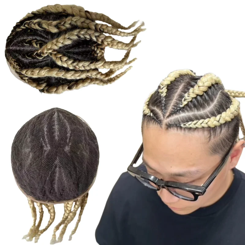 

6 inch Brazilian Virgin Human Hair Replacement #T1b613 Cornrow Braids 8x10 Full Lace Toupee Male Unit for Black Men