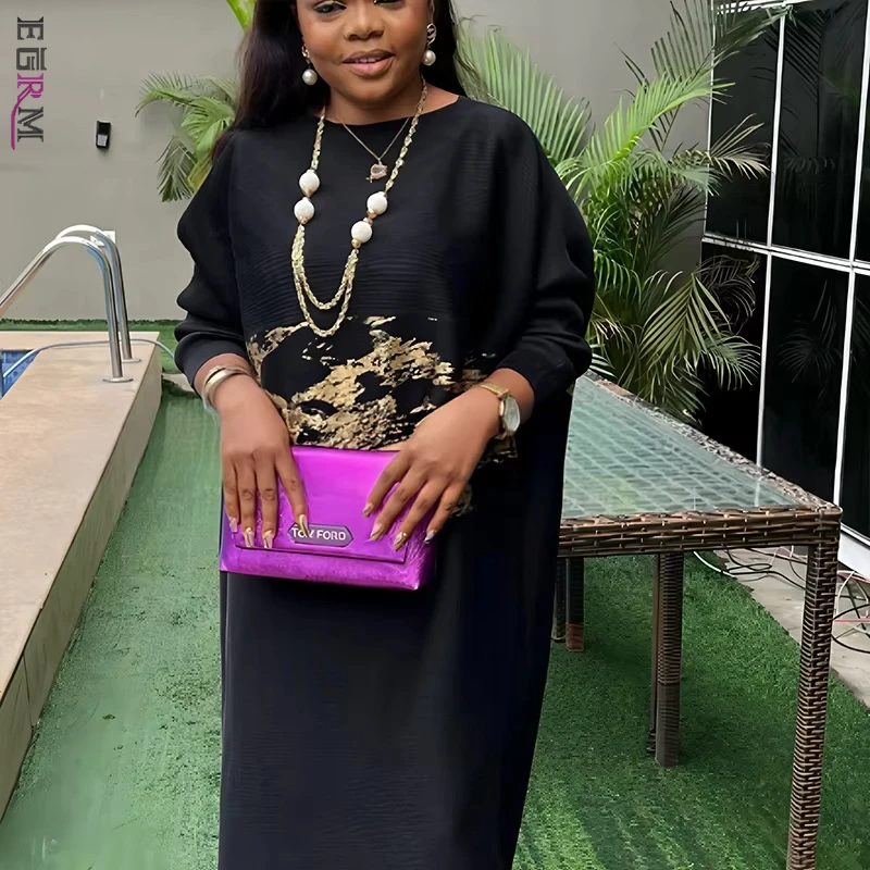 

EGRM Elegant Pleated Dress Women 2025 New African Prom Clothing Casual Luxury Evening Party Gilded Dresses Female Fashion 7R0318