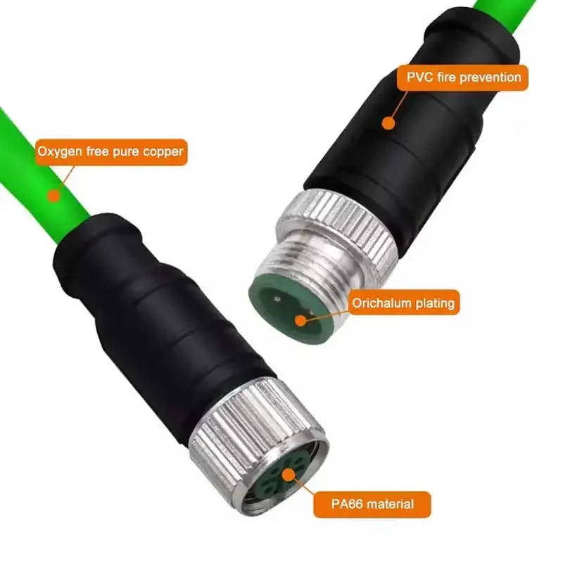 3/5/10M M12 to M12 4Pin D-Coded Connector สาย IP67 ปลั๊กอุตสาหกรรมชายหญิง A-type Cat7a/Cat6a Ethernet