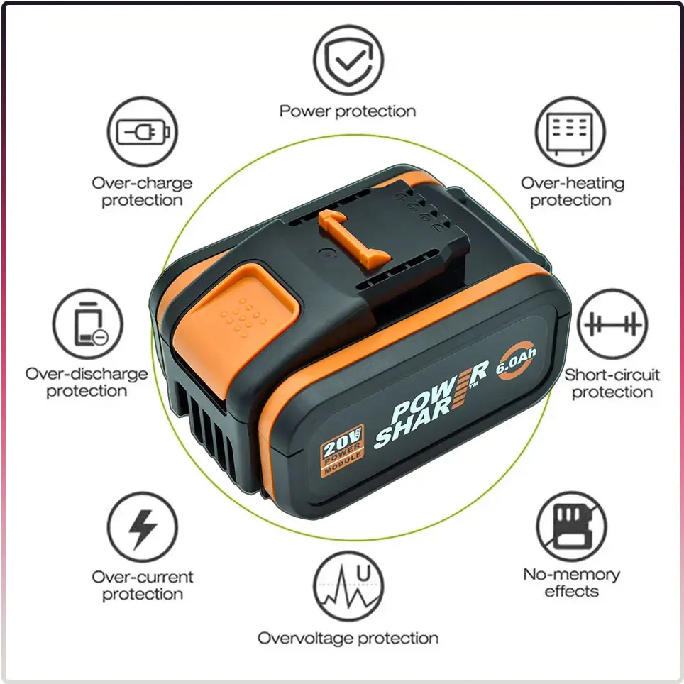 Számára worx WA3553 20V 6.0ah Tettlegesség cordless áram Munkaeszköz Zsírtalan batteriies WA3551 WA3572 WA3553 WX390 WX176 WX178 Kelt tészta